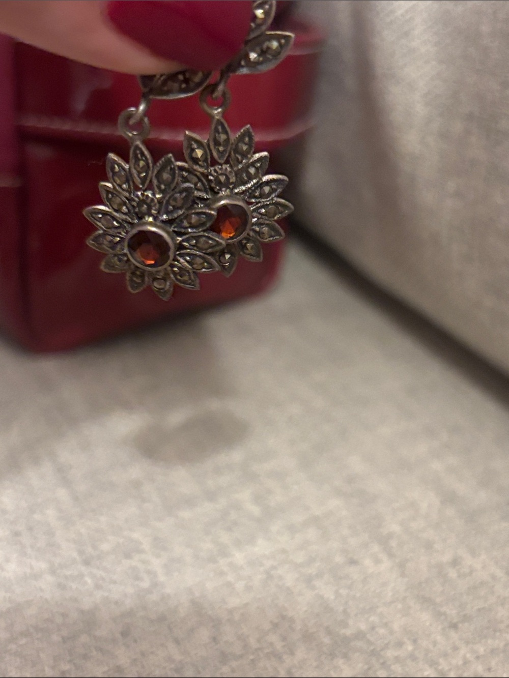 Sterling Silver Floral Drop Earrings with Deep Red Stone Garnet